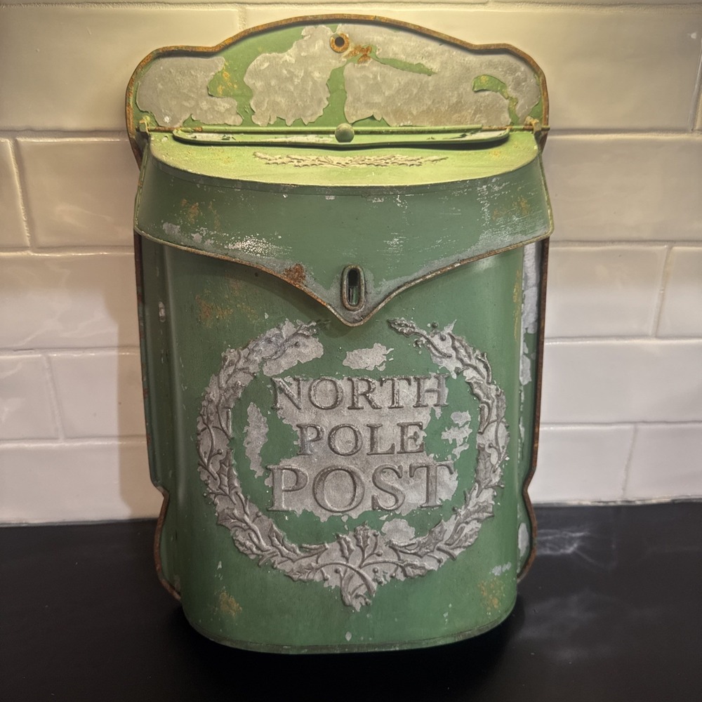 Christmas Mailbox NORTH POLE POST Green Rustic Metal Santa Letters Mail‎ Box